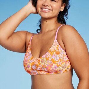 WILD FABLE ORANGE FLORAL SCOOP NECK BIKINI TOP SIZE LARGE NWT